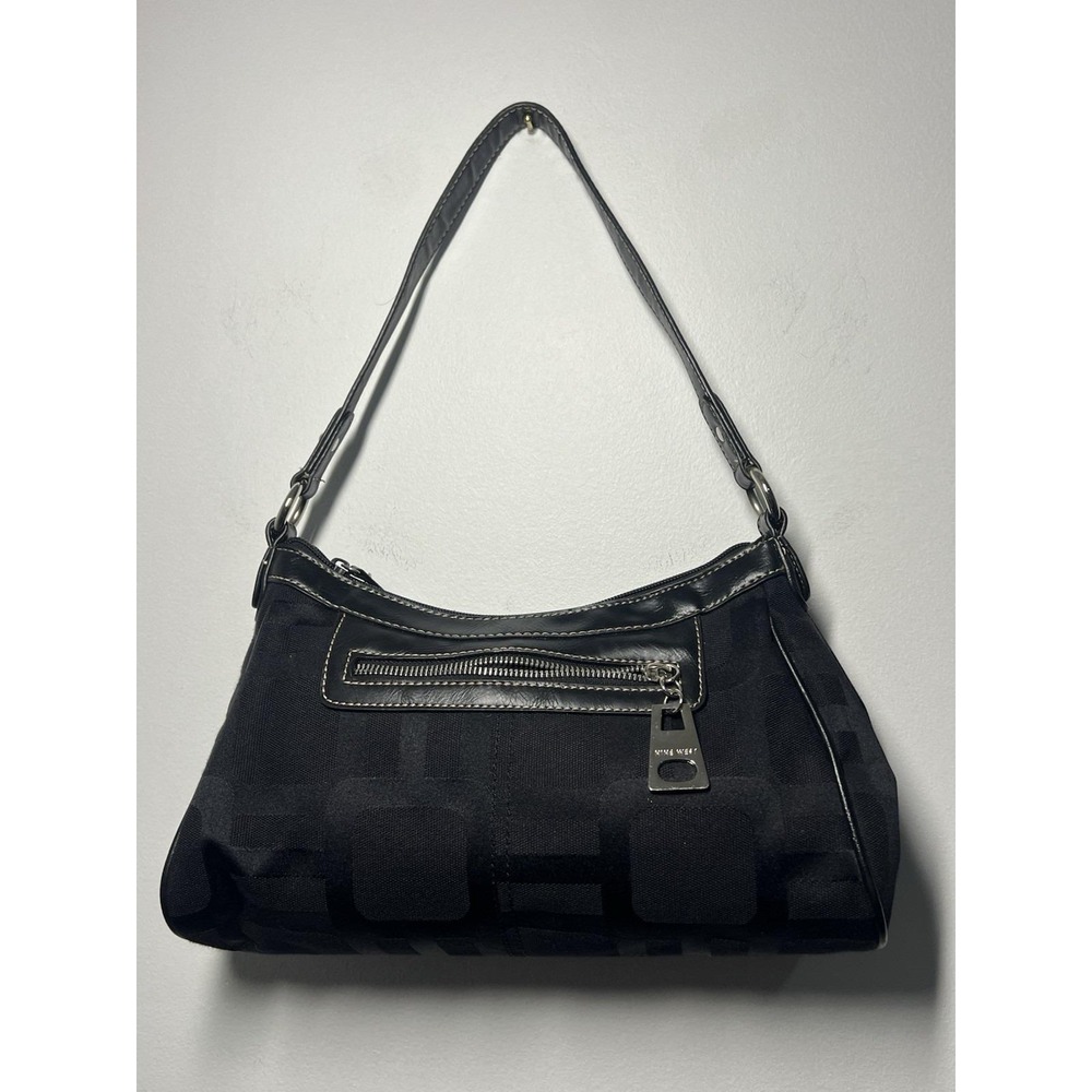 Y2K Nine West Black Canvas Shoulder Bag Purse Zip Top w/Silver Hardware 12x4x4"